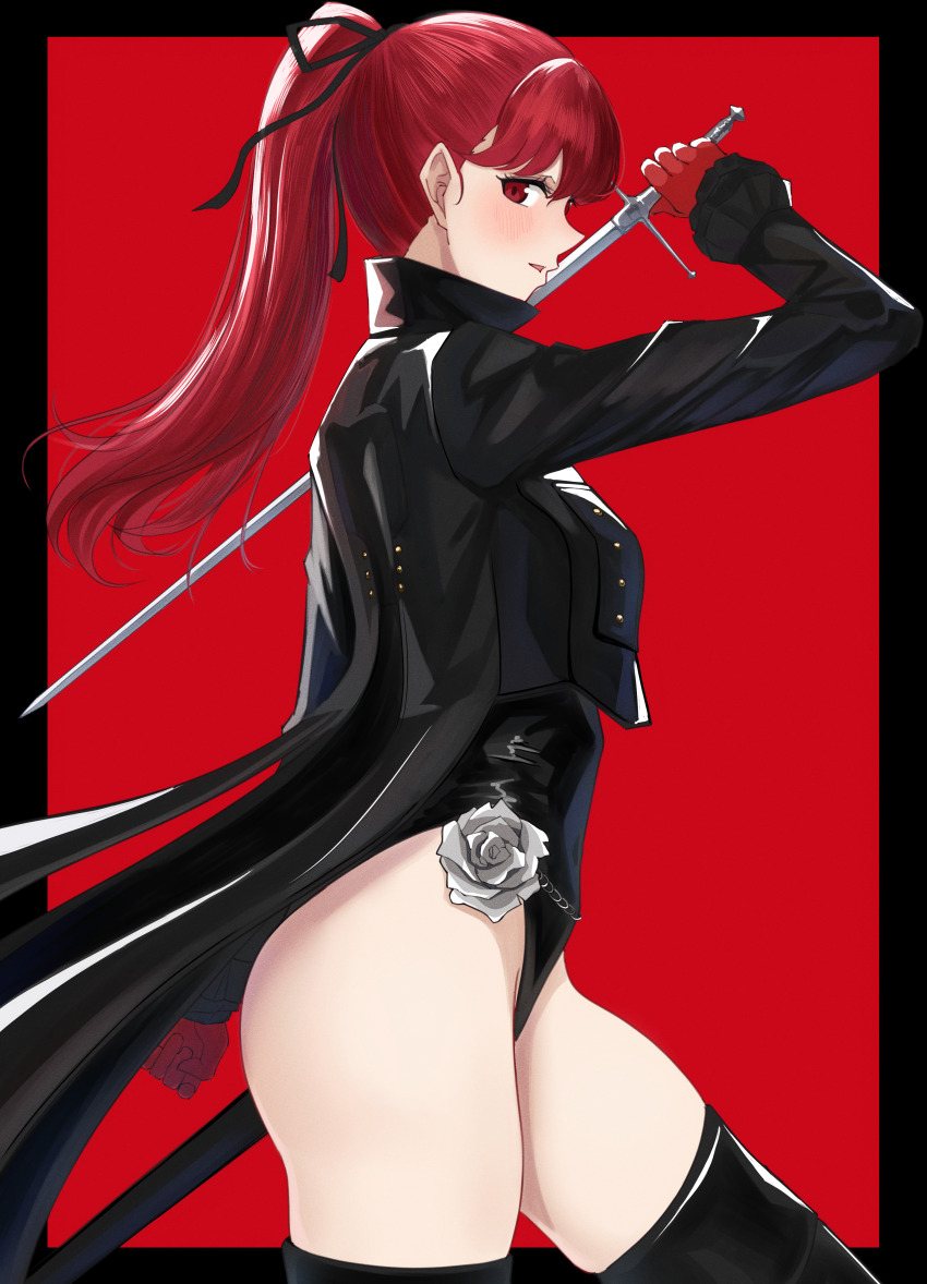 1girl absurdres black_border black_jacket black_ribbon border commentary_request from_side gloves hair_ribbon highres jacket leotard long_sleeves looking_at_viewer mino_(miiiinon611) outside_border persona persona_5 persona_5_the_royal ponytail profile red_background red_eyes red_gloves red_hair ribbon simple_background solo sword thighs violet_(persona_5) weapon yoshizawa_kasumi