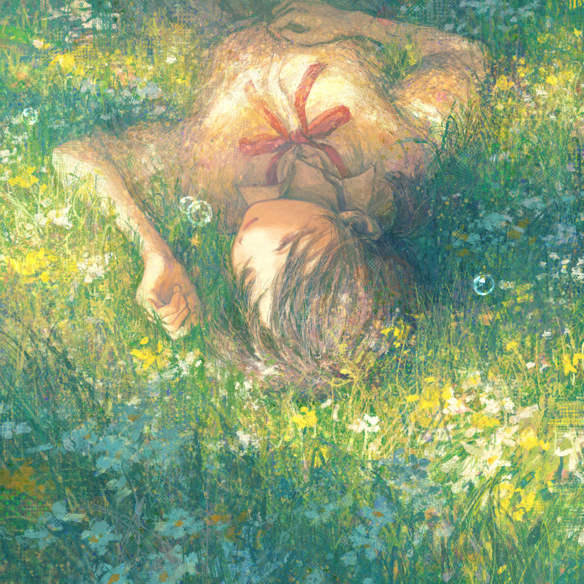 1girl absurdres bow bowtie brown_hair collared_shirt day flower grass half-closed_eyes hand_on_own_stomach highres lying nature omocheese on_back on_ground original outdoors red_bow red_bowtie shirt short_sleeves short_twintails soap_bubbles solo twintails