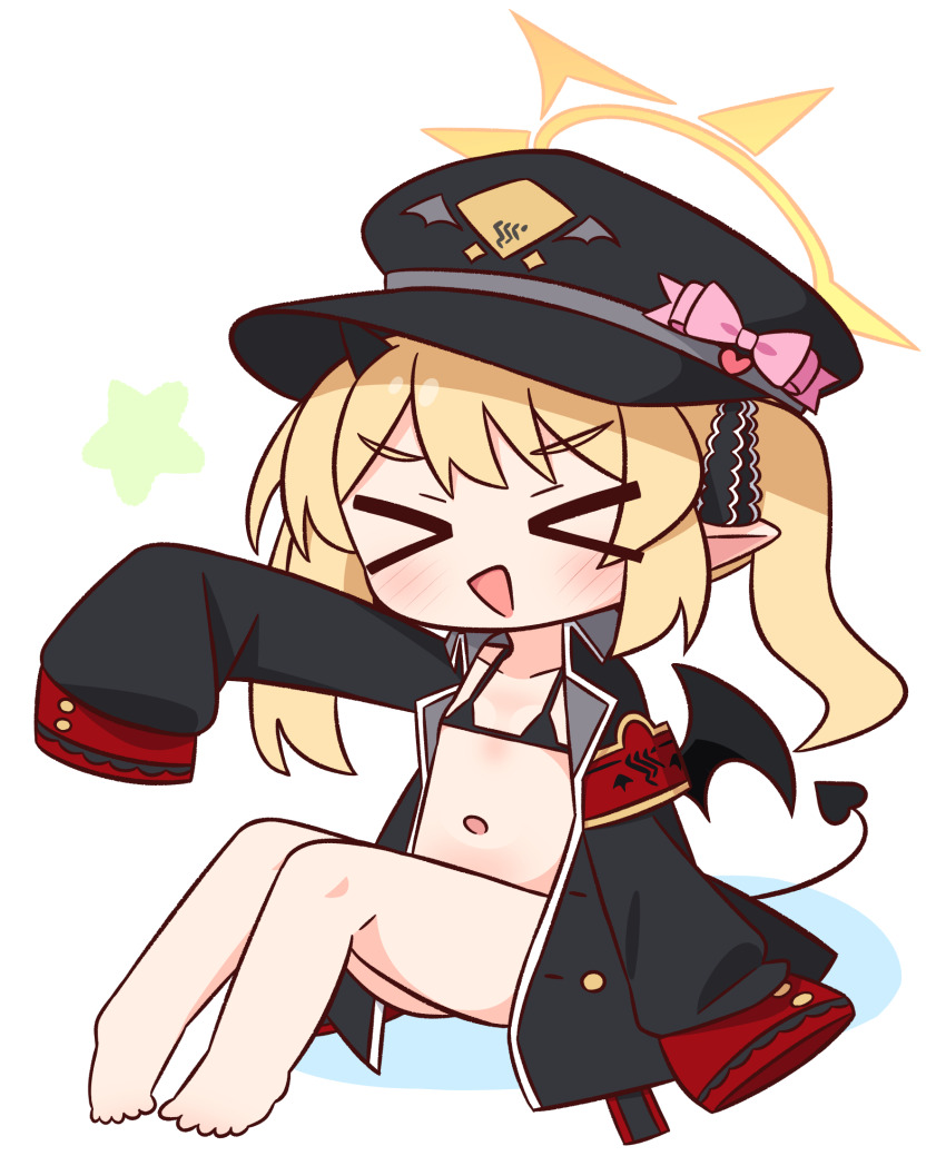 >_< 1girl :d armband barefoot bikini bikini_under_clothes black_bikini black_hat blonde_hair blue_archive blush bow chibi closed_eyes colored_shadow commentary_request demon_girl demon_tail demon_wings facing_viewer full_body halo hana_kazari hat hat_bow heart highres ibuki_(blue_archive) jacket loli long_sleeves micro_bikini navel open_clothes open_jacket open_mouth peaked_cap pink_bow pointy_ears puffy_long_sleeves puffy_sleeves shadow simple_background sitting sleeves_past_fingers sleeves_past_wrists smile solo star_(symbol) swimsuit tail twintails white_background wings xd