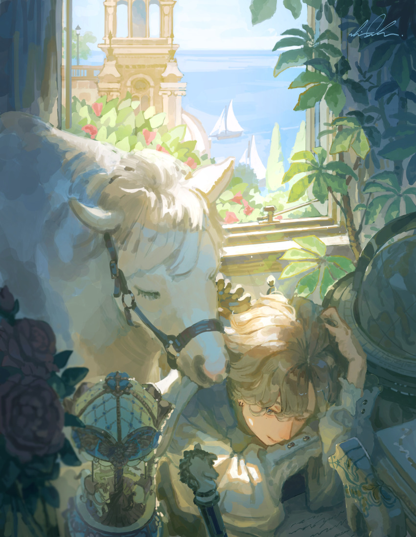 1boy absurdres blonde_hair cane desk flower globe highres horse indoors male_focus ocean one_eye_closed open_window original papers plant rose shigre ship toy_carousel toy_horse tree watercraft window