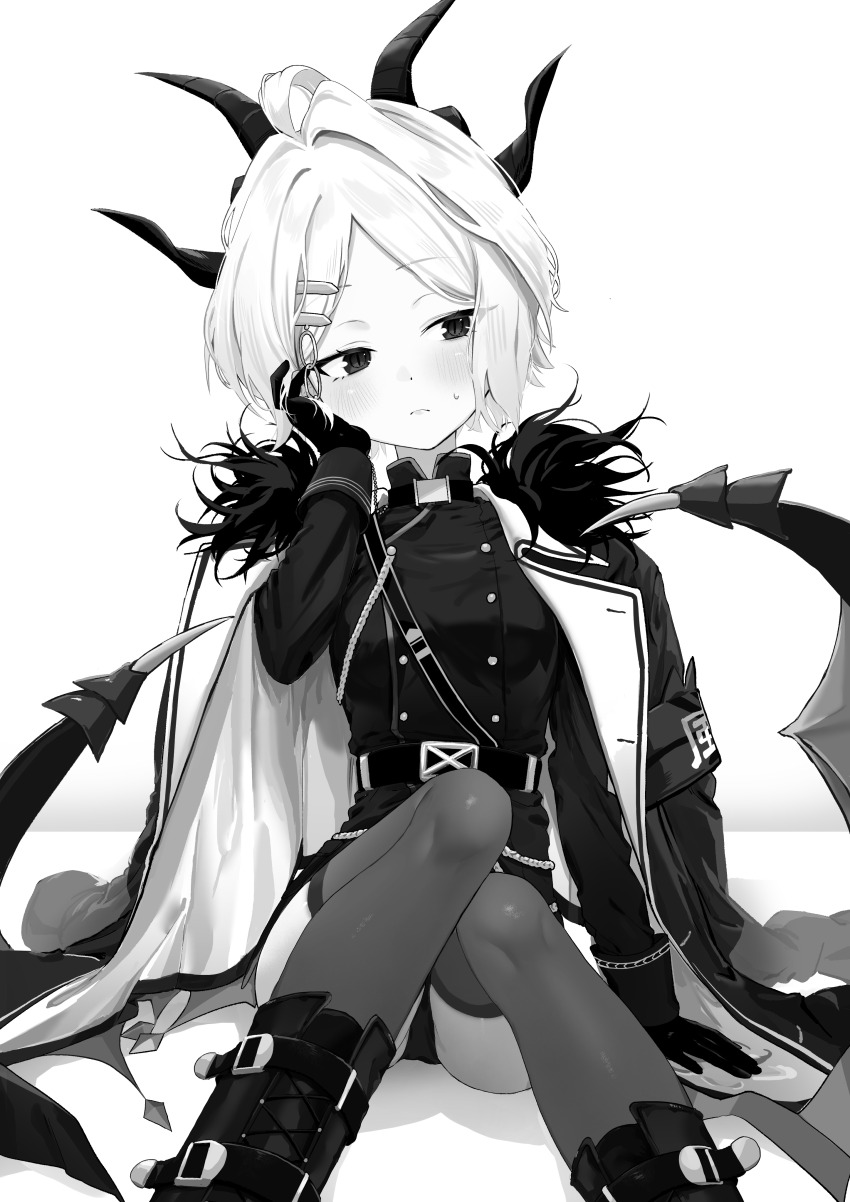 1girl absurdres aririsu083 blue_archive breasts coat coat_on_shoulders commentary_request demon_girl demon_horns demon_wings highres hina_(blue_archive) horns low_wings monochrome panties short_hair simple_background sitting small_breasts solo thighhighs underwear white_background wings