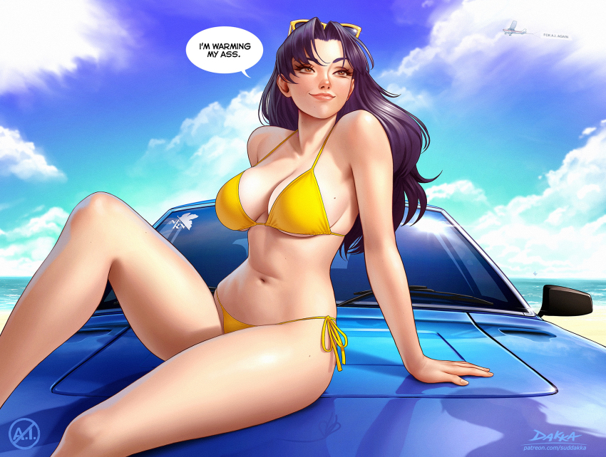 1girl aircraft airplane beach bikini blue_sky breasts brown_eyes car closed_mouth cloud commentary day english_commentary english_text eyewear_on_head hair_intakes highres katsuragi_misato large_breasts lips long_hair mole mole_on_breast motor_vehicle navel neon_genesis_evangelion ocean on_car outdoors purple_hair sitting sky smile solo speech_bubble stomach suddakka sunglasses swimsuit thighs yellow_bikini