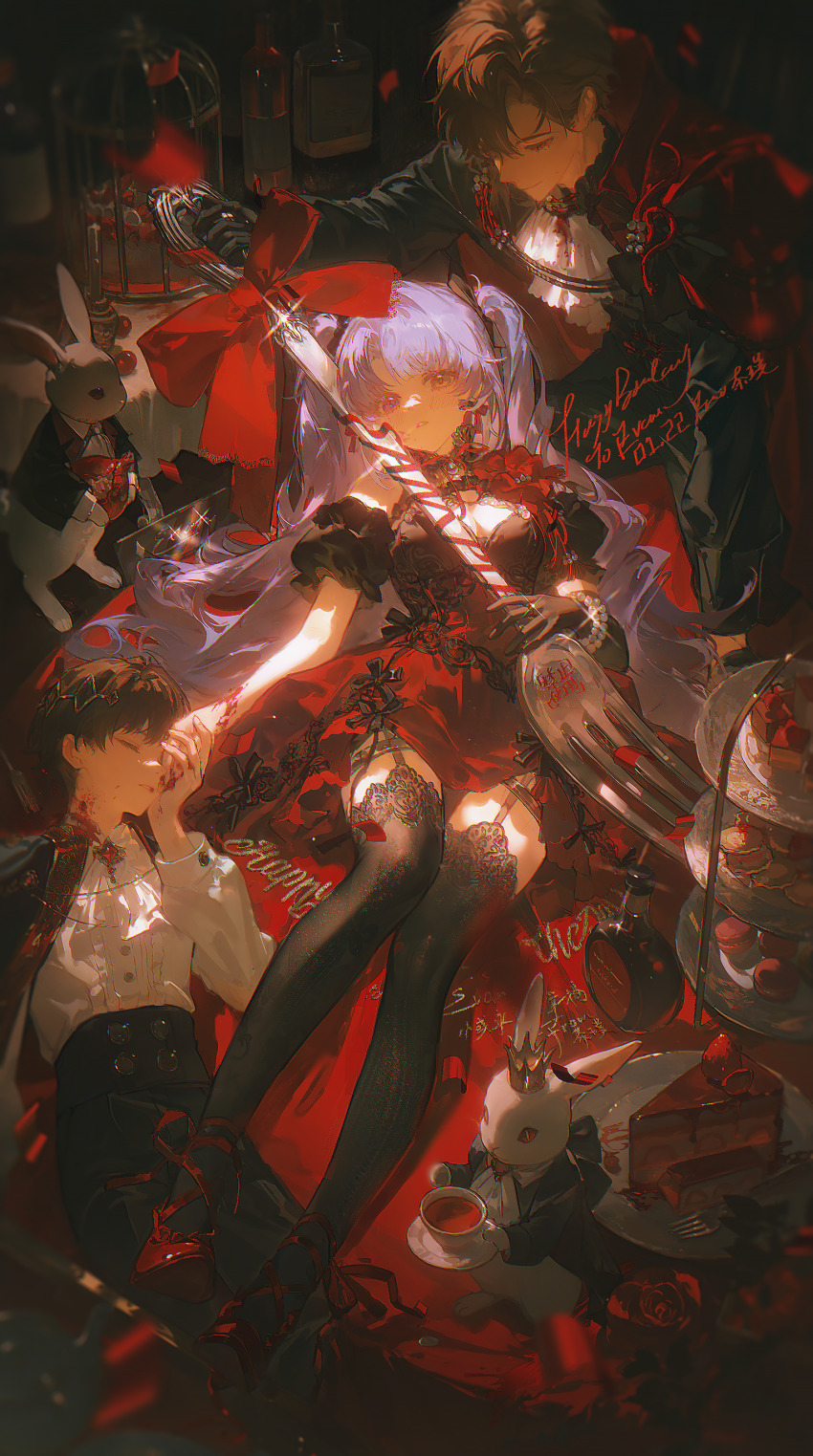1girl 1other 2boys absurdres animal ascot asymmetrical_bangs birdcage black_bow black_choker black_gloves black_pants black_thighhighs blood blood_on_clothes blood_on_hands blood_on_neck blurry blush bottle bow bow_earrings bracelet breasts brown_hair cage cake cake_slice cape cha_pu choker cleavage closed_eyes closed_mouth confetti cookie cup dated dessert dress earrings eyelashes food fork fruit garter_straps gem gloves hair_bow hair_ornament happy_birthday high-waist_pants highres holding holding_cup holding_fork indoors jam jewelry lace lace_trim layered_ascot lens_flare long_hair long_sleeves looking_at_another looking_at_viewer macaron medium_breasts multiple_boys original pants parted_bangs parted_lips pearl_(gemstone) pearl_bracelet plate pomegranate puffy_short_sleeves puffy_sleeves purple_eyes purple_hair rabbit red_bow red_cape red_eyes red_gem red_ribbon red_shoes ribbon ring shirt shoes short_hair short_sleeves single_glove sitting smile strawberry table tablecloth tailcoat tea teacup thighhighs twintails two-tone_dress white_ascot white_shirt wine_bottle
