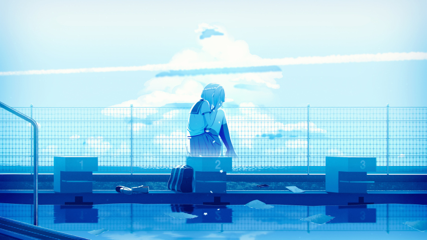 1girl absurdres bag blue_theme bob_cut braid cellphone chain-link_fence cloud commentary_request contrail covering_own_face day diving_block fence from_side full_body ghost half_up_braid hands_up highres kneehighs knees_up miniskirt monochrome no_shoes original outdoors paper phone pleated_skirt pool sailor_collar sakakidani school_bag shirt shoes short_hair short_sleeves sitting skirt sky smartphone socks solo summer_uniform unworn_shoes uwabaki