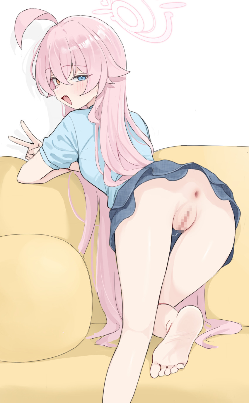 1girl absurdres ahoge anus ass barefoot blue_archive blue_eyes censored commentary_request halo heterochromia highres hoshino_(blue_archive) long_hair looking_at_viewer mosaic_censoring no_panties pink_hair pussy shengtian shirt skirt soles solo