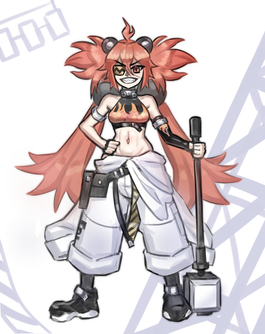 1girl absurdres ahoge animal_ears bare_shoulders bear_ears black_gloves breasts commentary crop_top egoroamer english_commentary eyepatch fake_animal_ears fingerless_gloves gloves hair_between_eyes hair_ornament highres holding koleda_belobog long_hair looking_at_viewer midriff navel pants red_eyes red_hair solo sphere_hair_ornament twintails zenless_zone_zero