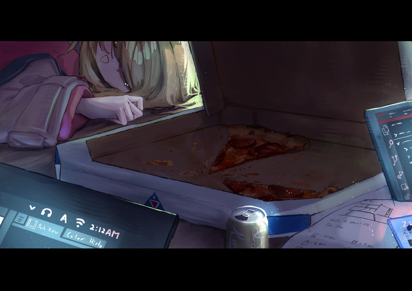 1girl absurdres blonde_hair blue_archive can closed_eyes commentary_request computer drink_can food highres jacket laptop letterboxed lying minibi_(minibeat) momoi_(blue_archive) pizza pizza_box pizza_slice sleeping solo visual_studio_code white_jacket