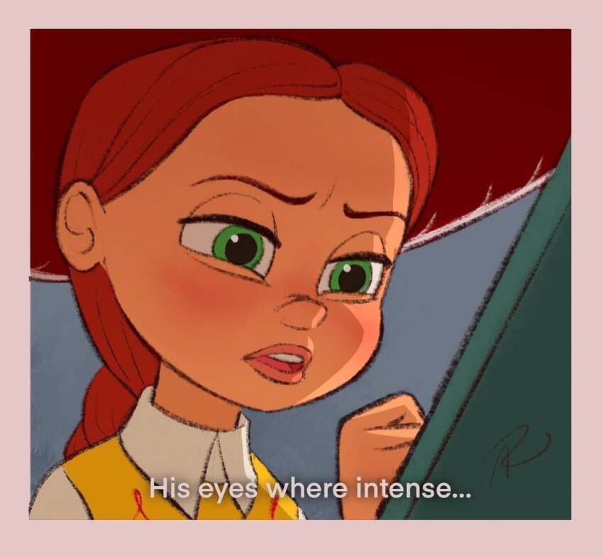 1girl aliz_reka border english_text green_eyes hat jessie_the_yodeling_cowgirl long_hair open_mouth outside_border red_hair red_hat signature solo subtitled teeth toy_story toy_story_2 upper_teeth_only white_border