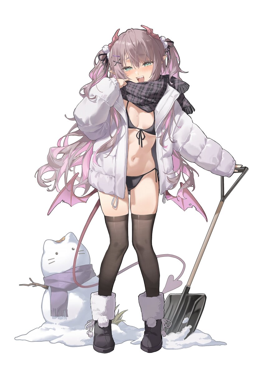 1girl absurdres aqua_eyes bikini black_bikini black_boots boots breasts brown_hair brown_thighhighs commentary demon_girl demon_horns demon_tail demon_wings down_jacket front-tie_bikini_top front-tie_top fur_trim hair_ornament hair_ribbon highres holding holding_shovel horns indie_virtual_youtuber jacket long_hair long_sleeves looking_at_viewer low_wings midori_fufu midori_fufu_(vtuber) mole mole_on_breast multicolored_hair navel no_pants open_clothes open_jacket open_mouth pink_hair plaid_clothes plaid_scarf pointy_ears ribbon scarf shovel side-tie_bikini_bottom simple_background small_breasts smile snow snowman solo stomach string_bikini swimsuit symbol-only_commentary tail thighhighs thighs twintails two-tone_hair two_side_up very_long_hair virtual_youtuber white_background white_jacket wings x_hair_ornament