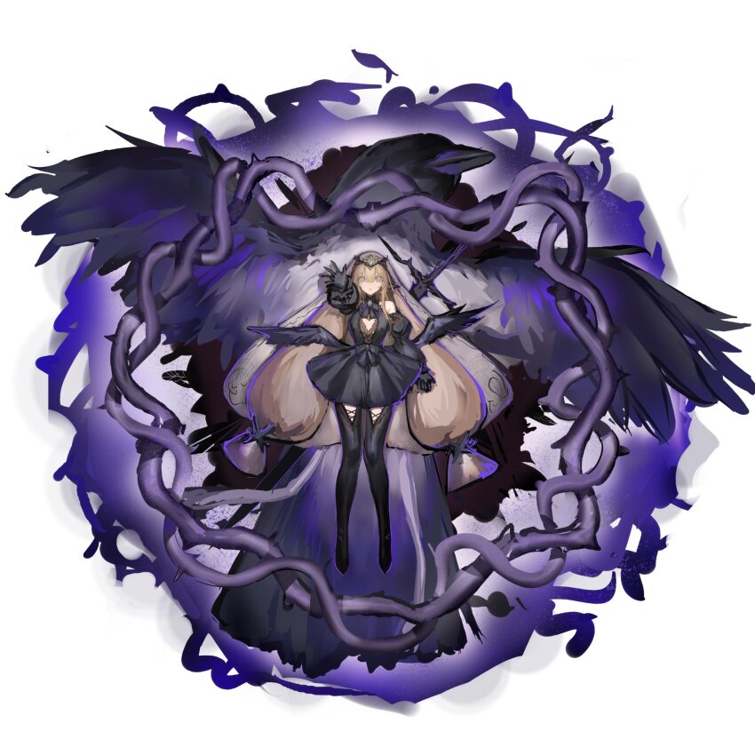 1girl bare_shoulders bird black_boots black_dress black_ribbon black_sleeves black_wings boots brown_hair crow dead_animal detached_sleeves dress full_body grey_eyes highres long_hair looking_at_viewer lump_saury lying neck_ribbon on_back original puffy_sleeves ribbon simple_background solo sword sword_on_back thigh_boots twintails very_long_hair weapon weapon_on_back white_background wings