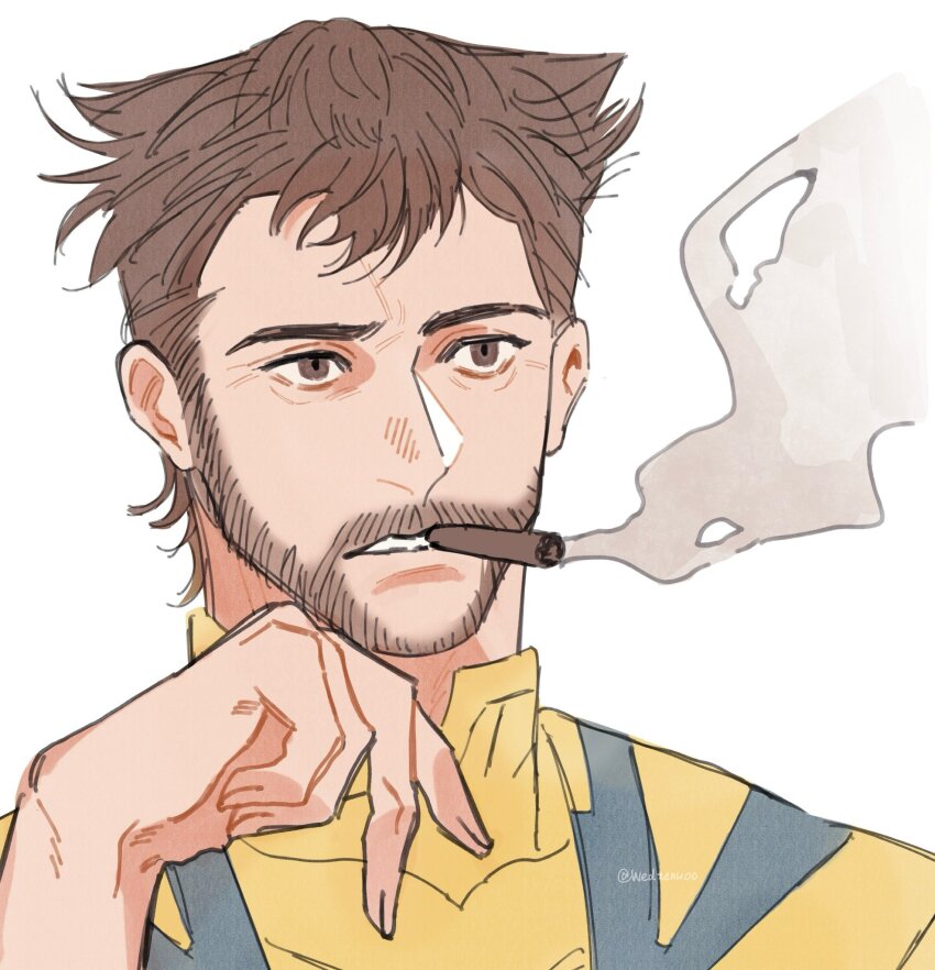 1boy artist_name beard blue_bodysuit bodysuit brown_eyes brown_hair cigar commentary covered_collarbone facial_hair fingernails hand_up highres looking_ahead male_focus mandarin_collar marvel mcnn0000 multicolored_bodysuit short_hair simple_background smoke smoking solo superhero_costume symbol-only_commentary teeth two-tone_bodysuit upper_body white_background wolverine_(x-men) x-men yellow_bodysuit