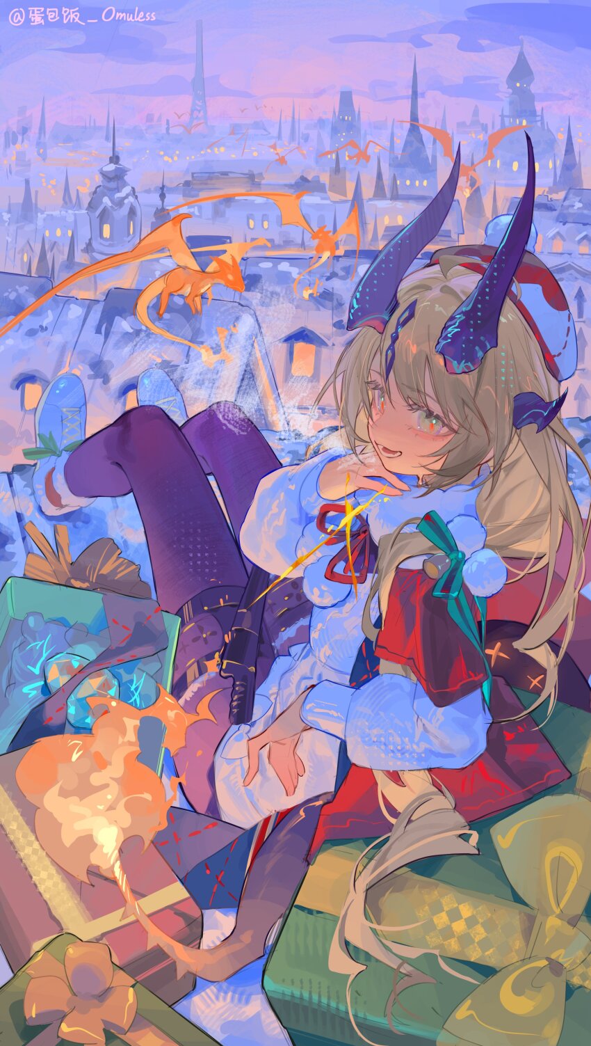 1girl arknights black_pantyhose box character_request christmas city danbaofan_omuless gift gift_box horns pantyhose santa_costume sitting