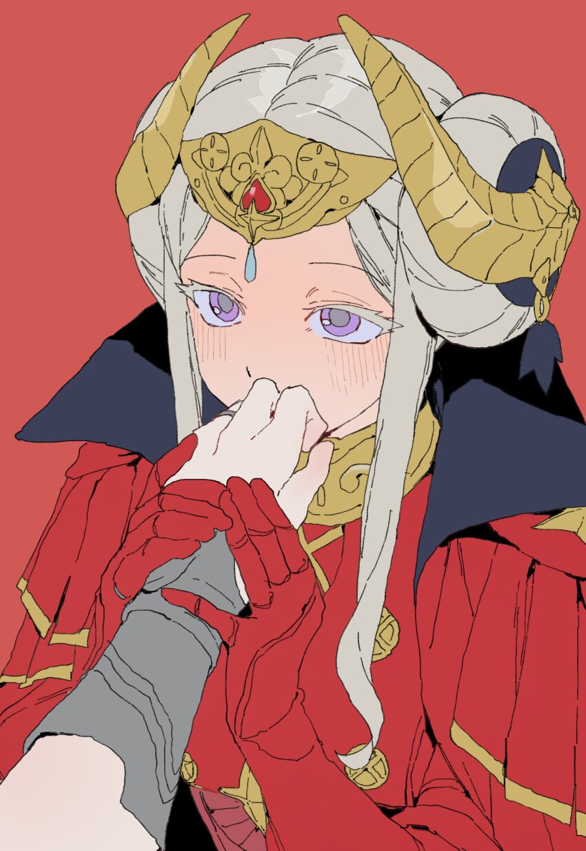 2girls absurdres arm_guards aziemblemfates blonde_hair blush breasts cape close-up collared_cape commentary_request couple double_bun dress edelgard_von_hresvelg edelgard_von_hresvelg_(timeskip) fake_horns female_byleth_(fire_emblem) female_pov fire_emblem fire_emblem:_three_houses hair_bun hair_up head_tilt headpiece highres horns kiss kissing_hand korean_commentary looking_at_viewer medium_breasts multiple_girls nintendo pov pov_hands purple_eyes red_background red_cape red_dress solo_focus standing upper_body yuri