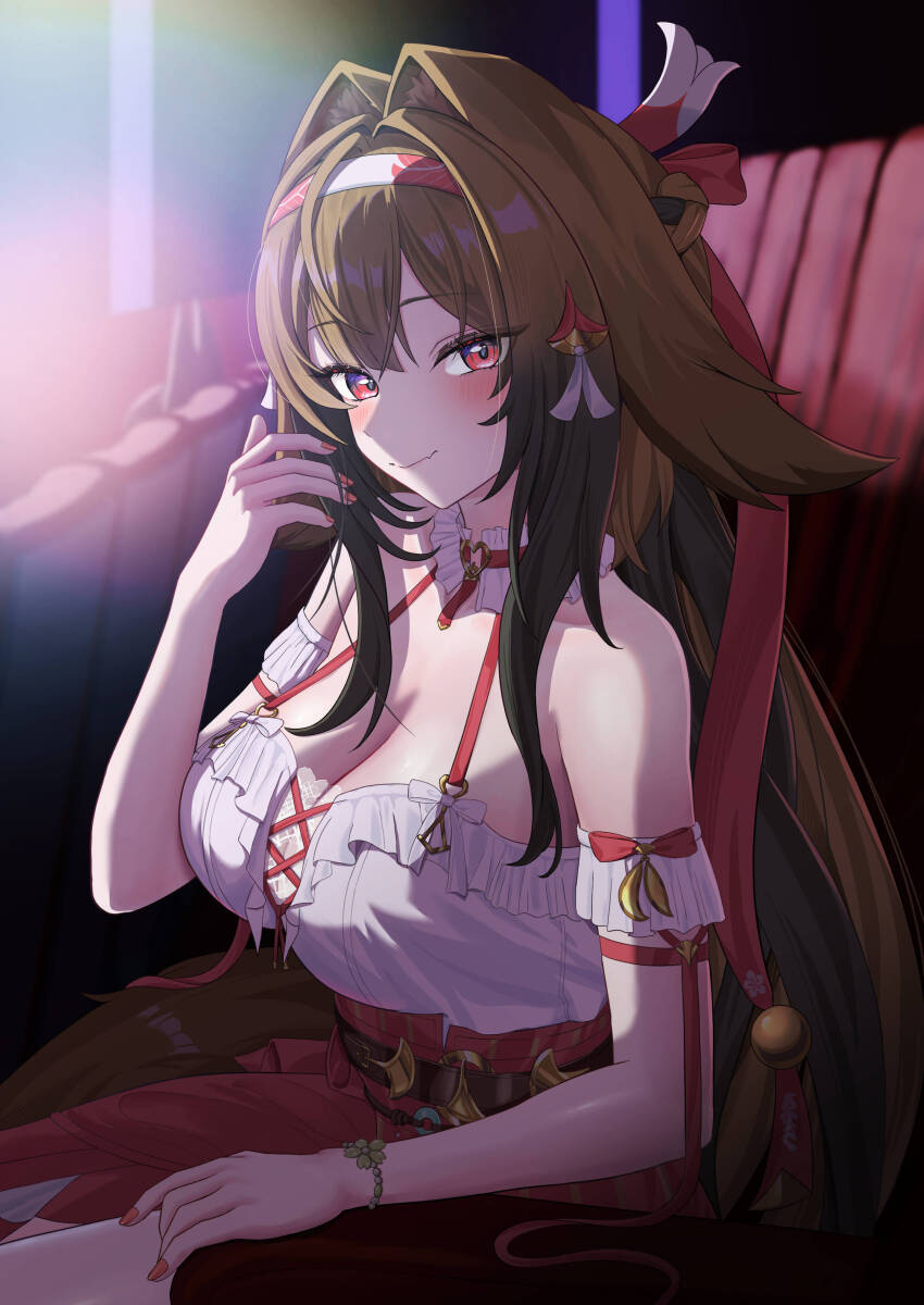 1girl absurdres animal_ears bare_shoulders blush breasts brown_hair cleavage commentary_request droopy_ears fox_ears fox_girl frills hair_ornament hairband highres ituka_kanau large_breasts long_hair looking_at_viewer official_alternate_costume red_eyes red_skirt shirt skirt solo very_long_hair white_hairband white_shirt ye_shunguang ye_shunguang_(touch_of_dawnlight) zenless_zone_zero