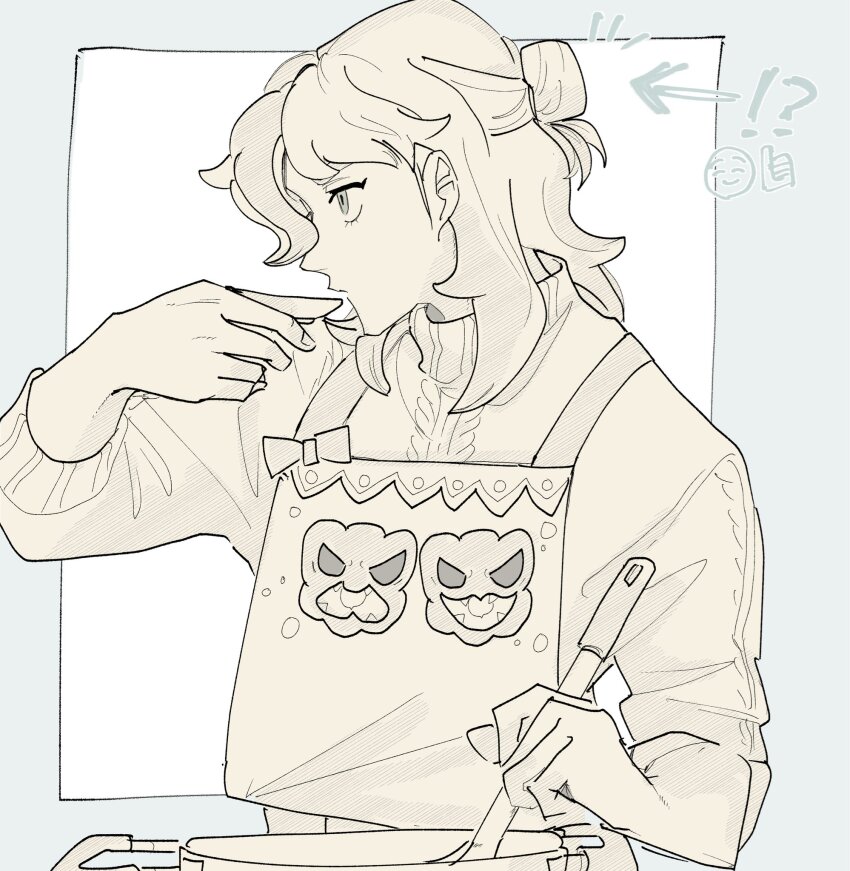 !? 1boy apron arrow_(symbol) arven_(holiday_2025)_(pokemon) arven_(pokemon) character_print commentary_request greyscale_with_colored_background hair_bun highres holding holding_whisk male_focus nintendo official_alternate_costume pokemon pokemon_masters_ex shiki_(penguin3ka) solo sweater upper_body whisk