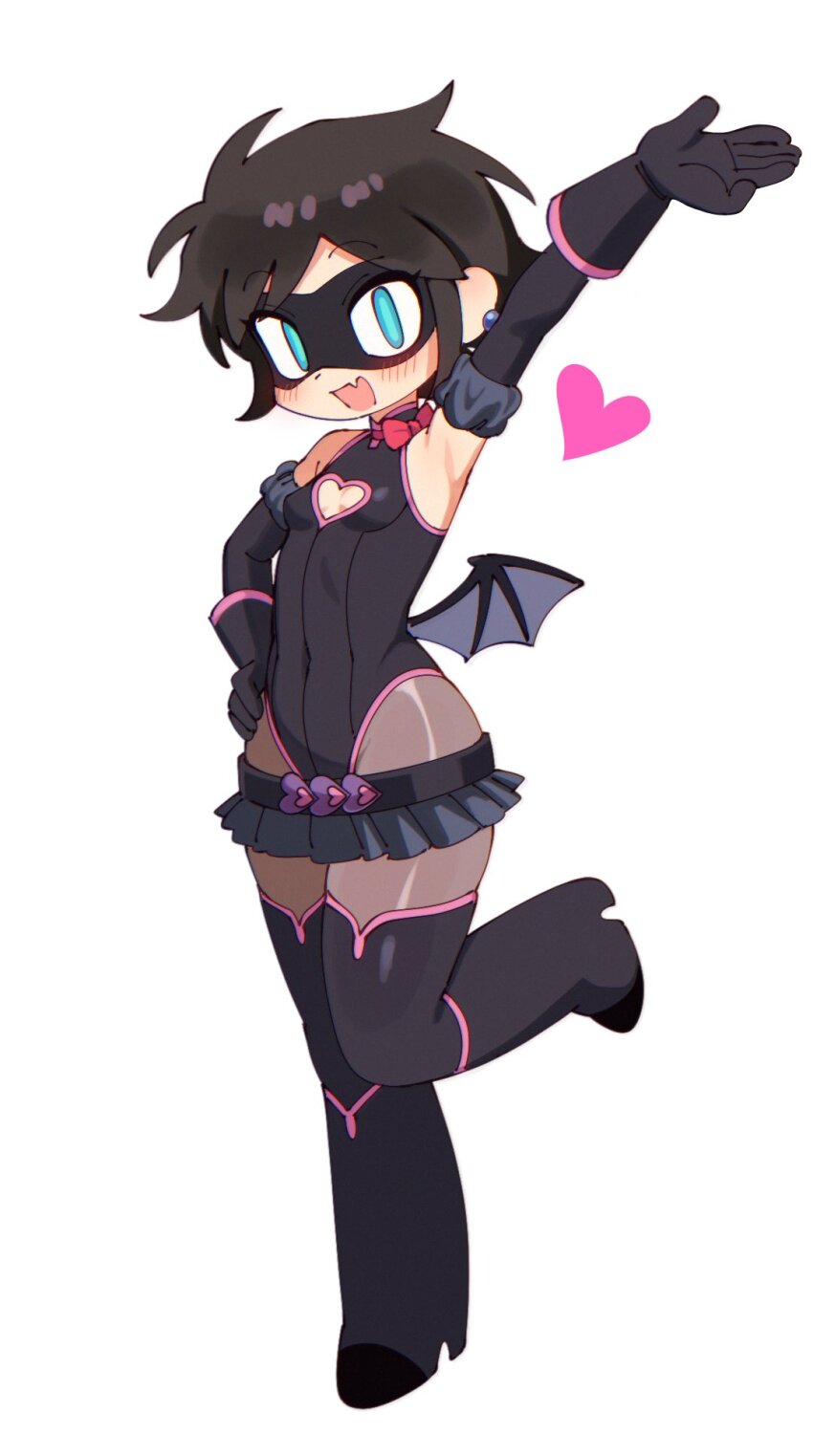 1girl :d arm_up armpits bare_shoulders bat_wings batrobin_k belt black_gloves black_hair black_leotard black_skirt blue_eyes blush boku_no_hero_academia boots bow breasts cleavage_cutout clothing_cutout cosplay covered_navel earrings elbow_gloves fang full_body gloves hand_on_own_hip haneyama_kazuho haneyama_kazuho_(cosplay) heart heart_cutout highres jewelry leotard looking_at_viewer low_wings mask microskirt miniskirt open_mouth original pantyhose pleated_skirt robin_(batrobin_k) short_hair simple_background skirt small_breasts smile solo standing standing_on_one_leg thigh_boots thighhighs vigilante_-boku_no_hero_academia:_illegals- white_background wings