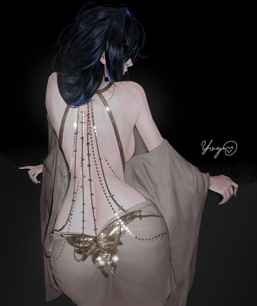 1girl absurdres ass back backboob black_background black_hair blue_hair breasts colored_inner_hair commentary english_commentary facing_away from_behind grey_shirt grey_skirt highres hololive hololive_english jewelry large_breasts long_hair long_sleeves massiveyog multicolored_hair ouro_kronii shirt simple_background skirt solo undressing virtual_youtuber