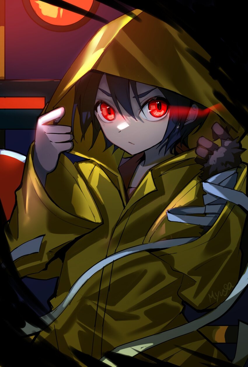 1girl adjusting_hood arm_hair artist_name bakemonogatari bandaged_arm bandages black_hair closed_mouth commentary dark dress_shirt eye_trail glowing glowing_eyes hair_between_eyes highres hood hood_up hooded_coat kanbaru_suruga light_frown light_trail long_sleeves looking_at_viewer loose_bandages monkey_arm monogatari_(series) myuga66666 naoetsu_high_school_uniform night outdoors pink_shirt railroad_crossing railroad_signal raincoat rainy_devil red_eyes school_uniform serious shaded_face shadow shirt short_hair signature solo spoilers thick_eyebrows upper_body upturned_eyes v-shaped_eyebrows very_short_hair yellow_raincoat