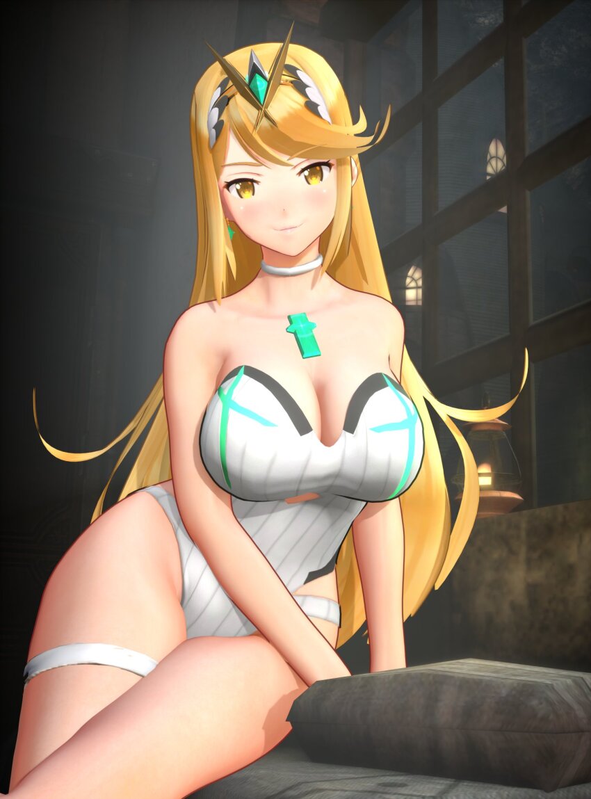 1girl 3d bare_shoulders blobcg blonde_hair blunt_bangs blush breasts chest_jewel choker cleavage closed_mouth earrings gem headpiece highres jewelry large_breasts long_hair looking_at_viewer mythra_(radiant_beach)_(xenoblade) mythra_(xenoblade) official_alternate_costume one-piece_swimsuit ribbed_swimsuit smile solo strapless strapless_one-piece_swimsuit striped_clothes striped_one-piece_swimsuit swept_bangs swimsuit thigh_strap tiara two-tone_swimsuit vertical-striped_clothes vertical-striped_one-piece_swimsuit very_long_hair white_choker white_one-piece_swimsuit xenoblade_chronicles_(series) xenoblade_chronicles_2 yellow_eyes