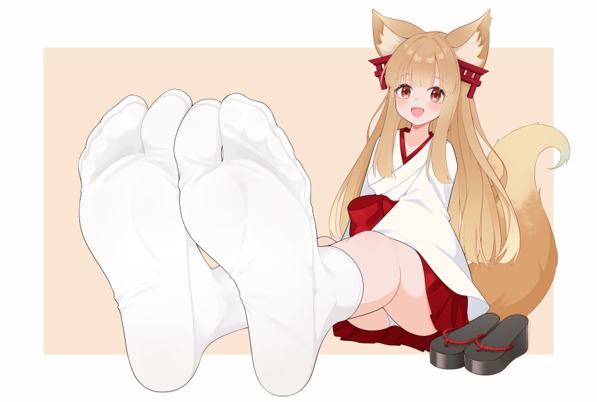 1girl absurdres animal_ears blush brown_eyes brown_hair feet fox_ears fox_tail geta highres japanese_clothes long_hair looking_at_viewer miko open_mouth oshiro_project:re panties pantyshot senko_(oshiro_project) shoes soles tabi tail underwear unworn_shoes wl217_(nicexa111)