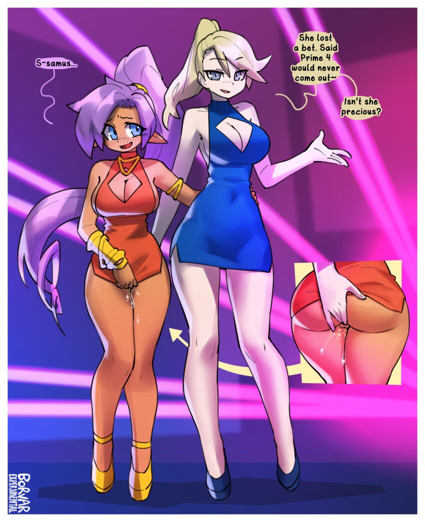 absurdres ass blonde_hair blue_eyes blush borvar breasts cleavage commentary dark-skinned_female dark_skin dress english_commentary evening_gown fingering fingering_from_behind highres long_hair looking_at_viewer metroid nintendo pointy_ears ponytail purple_hair pussy_juice samus_aran shantae shantae_(series) stealth_fingering very_long_hair