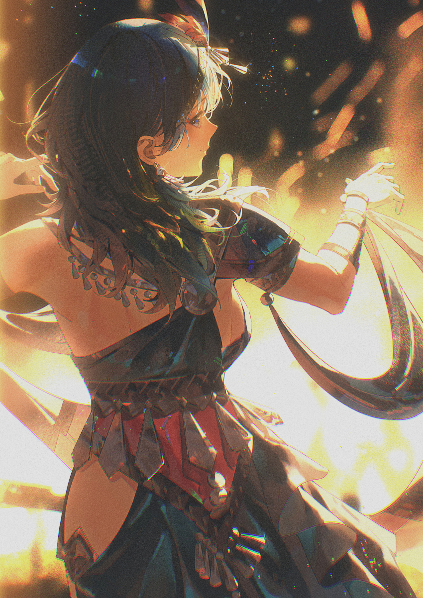 1girl absurdres ancient_greek_clothes armlet blue_eyes blue_hair breasts closed_mouth commentary_request dancer dancer_(fire_emblem:_three_houses) dancing dress earrings female_byleth_(fire_emblem) fire_emblem fire_emblem:_three_houses greco-roman_clothes hair_between_eyes headband highres jewelry long_hair medium_breasts nintendo sideboob single-shoulder_dress single_bare_shoulder smile solo thighs zhihaiwusheng