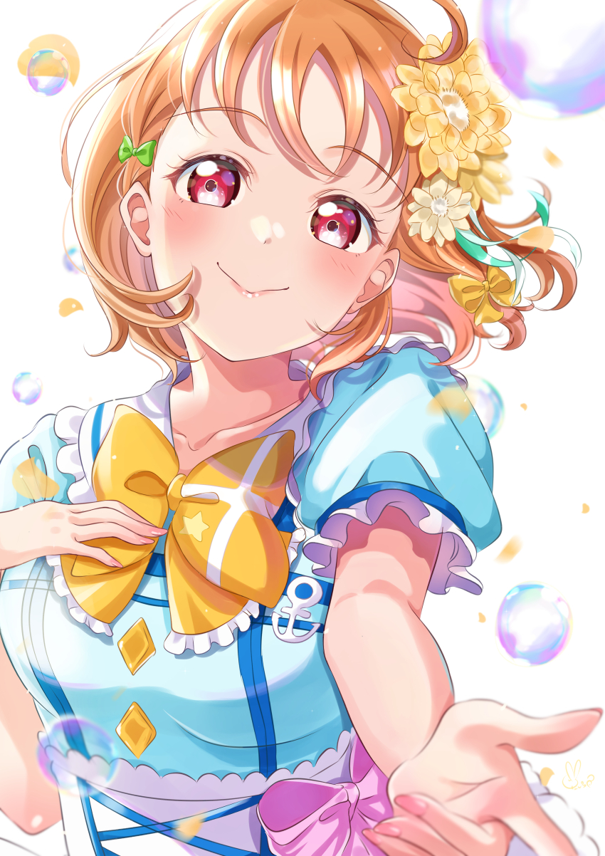 1girl absurdres blue_shirt bow bowtie breast_suppress breasts commentary_request flower frilled_shirt frills green_bow hair_bow hair_flower hair_ornament highres iroenpitsu_xxx kimi_no_kokoro_wa_kagayaiteru_kai? looking_at_viewer love_live! love_live!_sunshine!! medium_breasts medium_hair orange_hair puffy_short_sleeves puffy_sleeves red_eyes shirt short_sleeves soap_bubbles solo takami_chika upper_body white_background yellow_bow yellow_bowtie yellow_flower