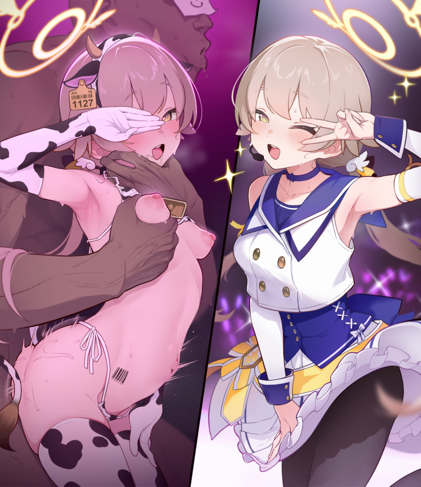 1boy 1girl animal_ear_hairband animal_ears animal_print armpits ashiba barcode barcode_tattoo bell bikini black_pantyhose blue_archive blue_choker blue_corset blush breasts brown_hair choker clothed_sex corset covering_one_eye cow_ear_hairband cow_ears cow_horns cow_print cow_print_bikini cow_print_gloves cow_print_thighhighs cow_tail cowbell dark-skinned_male dark_skin doodle_sensei_(blue_archive) ear_tag elbow_gloves fake_animal_ears fake_horns gloves grabbing_another's_breast groping hairband halo happy_sex heart hetero hifumi_(blue_archive) highres horns idol idol_clothes juxtaposition mischievous_straight_uniform_(blue_archive) navel neck_bell nipples official_alternate_costume one_eye_closed open_mouth pantyhose print_bikini print_gloves print_thighhighs pubic_hair sensei_(blue_archive) sex sex_from_behind small_breasts smile stage stray_pubic_hair sweat swimsuit tail tattoo thighhighs v variant_set