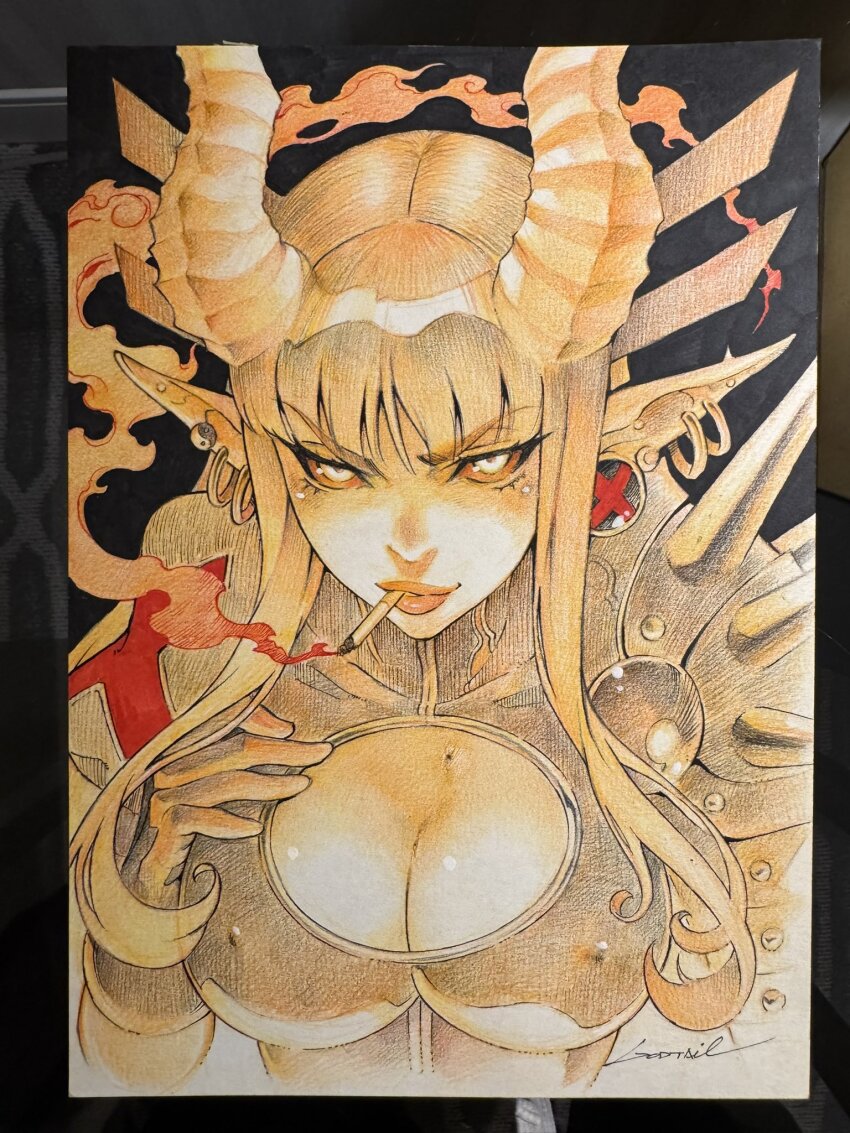 1girl alternate_form armor artist_name black_background blunt_bangs breasts cigarette cleavage cleavage_cutout clothing_cutout colored_sclera covered_erect_nipples darkchylde demon_girl gloves godtail hand_on_own_chest hashtag-only_commentary highres horns large_breasts long_hair looking_at_viewer magik_(x-men) marvel multiple_piercings new_mutants pauldrons plug_(piercing) pointy_ears shoulder_armor single_pauldron smoking solo spiked_pauldrons spikes spot_color traditional_media upper_body x-men yin_yang