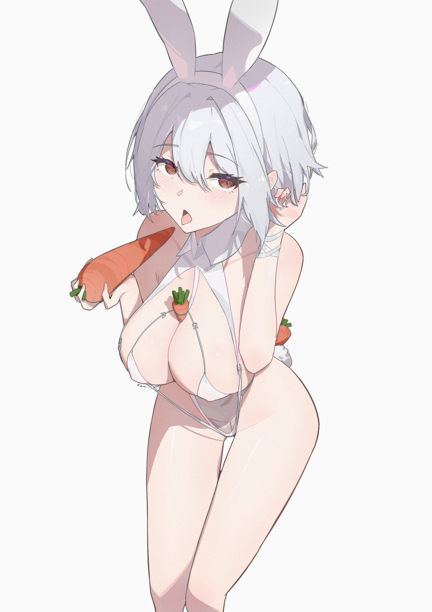 1girl absurdres animal_ears artist_name azur_lane between_breasts breasts carrot cleavage commentary fake_animal_ears fake_tail hair_between_eyes hand_in_own_hair highres large_breasts leotard looking_at_viewer official_alternate_costume open_mouth playboy_bunny rabbit_ears rabbit_tail red_eyes short_hair simple_background sirius_(azur_lane) sirius_(rabbit_of_paradise)_(azur_lane) solo symbol-only_commentary tail thighs tongue tongue_out translucent_bunnysuit white_background white_hair white_leotard x_am