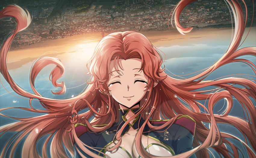 1girl ^_^ artist_request black_dress breasts closed_eyes code_geass code_geass:_lost_stories code_geass:_soubou_no_oz crying dress game_cg highres long_hair marrybell_mel_britannia non-web_source official_art orange_hair sun sunlight