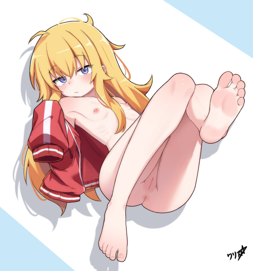 1girl absurdres barefoot blonde_hair blue_eyes blush boppin cleft_of_venus commentary commission english_commentary feet gabriel_dropout gabriel_tenma_white highres jacket loli long_hair lying messy_hair naked_jacket nipples on_back pussy soles solo toes track_jacket uncensored