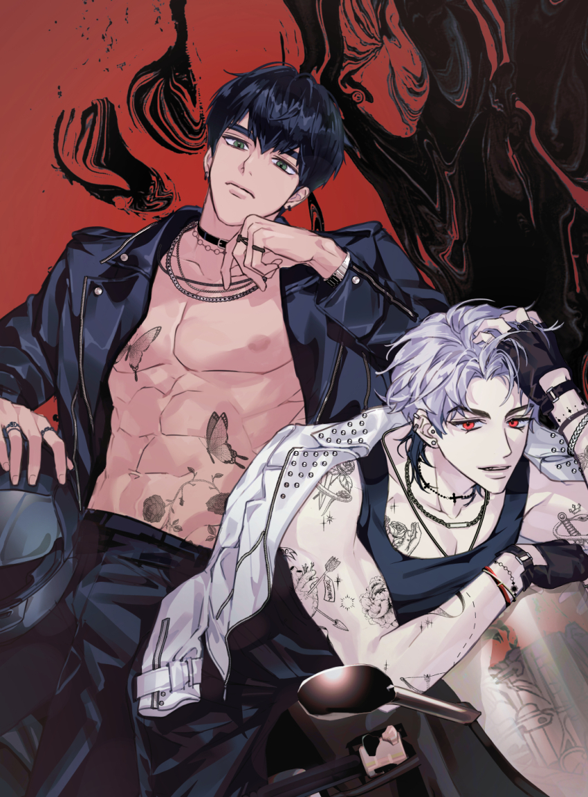 2boys alternate_costume arm_tattoo belt_collar black_gloves black_jacket black_pants bracelet chain chain_necklace chest_tattoo collar commentary_request eunho_(plave) gloves green_eyes hair_between_eyes hamin_(plave) hand_in_own_hair head_tilt highres jacket jacket_on_shoulders jewelry k-pop korean_commentary looking_at_viewer male_focus multiple_boys necklace nipples no_shirt open_clothes open_jacket pants plave red_hair rjduf666 short_hair studded_jacket tattoo white_hair white_jacket