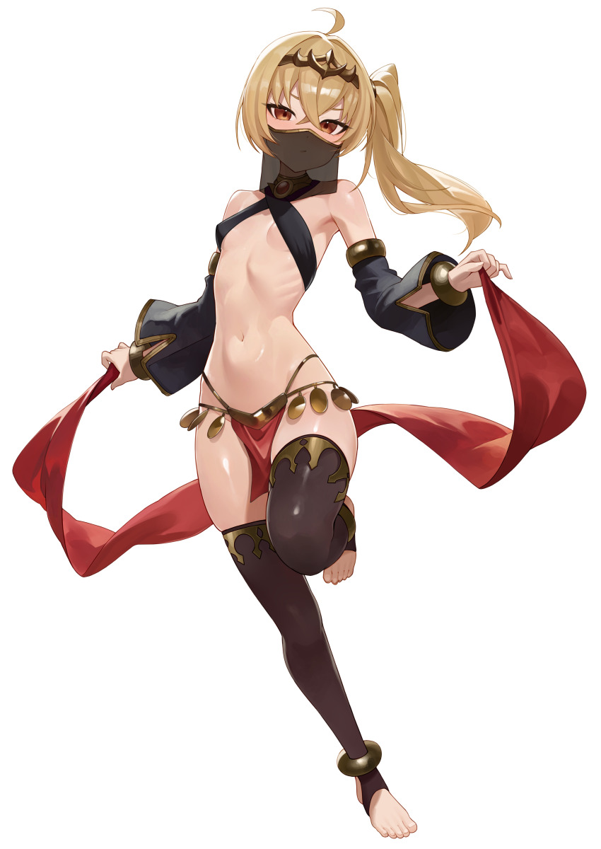 1girl absurdres ahoge alternate_costume anklet bare_shoulders belly_dancer black_sleeves black_thighhighs black_veil blonde_hair bracelet breasts brown_eyes closed_mouth commentary crossed_bangs dancer dancing detached_sleeves dot_nose face_veil feet feet_up hands_up highleg highleg_panties highres jewelry loli long_hair looking_at_viewer luciana_de_montefio navel panties pelvic_curtain ribs side_ponytail skindentation small_breasts solo standing standing_on_one_leg stirrup_legwear stomach thighhighs thighs toeless_legwear toenails toes toned_stomach underboob underwear veil very_long_hair weimiaw wide_sleeves zenless_zone_zero zettai_ryouiki