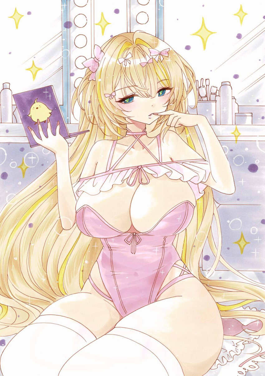 1girl alberto_di_giussano_(a_magnificent_mistake)_(azur_lane) alberto_di_giussano_(azur_lane) azur_lane blonde_hair breasts cleavage collarbone commentary_request covered_navel green_eyes hair_ribbon hands_up highres large_breasts leotard long_hair looking_at_viewer manjuu_(azur_lane) marker_(medium) official_alternate_costume pink_leotard pink_ribbon ribbon sitting solo sparkle thighhighs traditional_media uzuharu_(uduharu) white_thighhighs