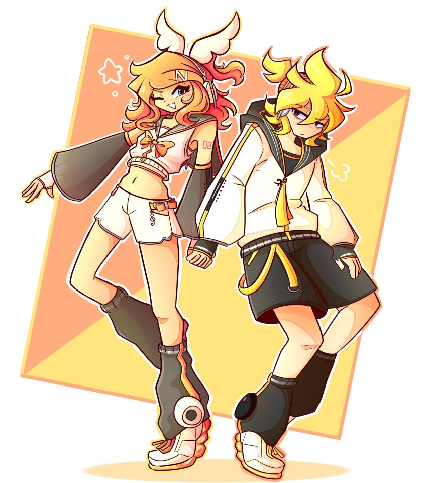 1boy 1girl absurdres black_shorts blonde_hair commentary critinikaqwq english_commentary high_ponytail highres holding_hands hood hoodie kagamine_len kagamine_len_(nt) kagamine_rin kagamine_rin_(nt) piapro_studio ponytail short_ponytail shorts vocaloid white_hoodie white_shorts