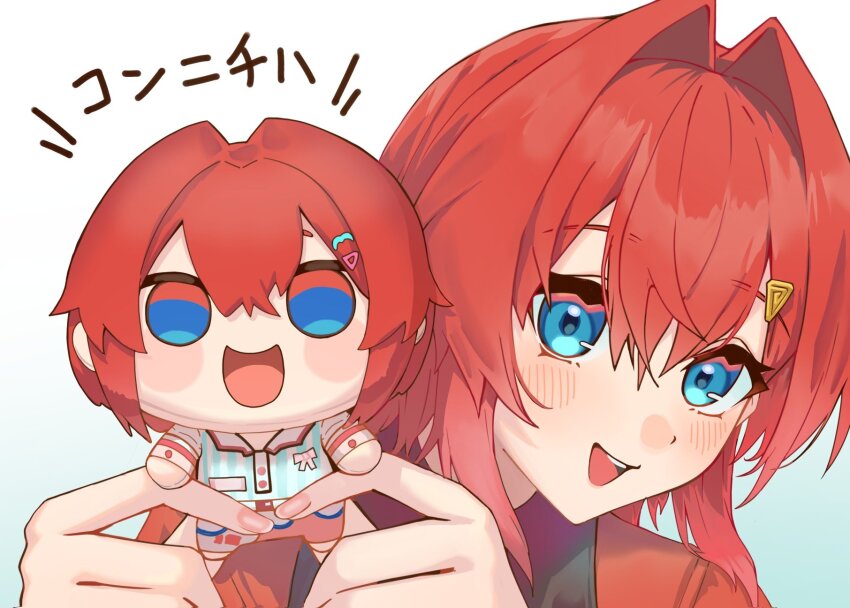 1girl :d ange_katrina ange_katrina_(1st_costume) blue_background blue_eyes blue_shirt blush character_doll commentary_request doidamon doll gradient_background hair_between_eyes hair_intakes hair_ornament hands_up highres holding holding_doll lips looking_at_viewer medium_hair nijisanji no_pupils official_alternate_costume open_mouth pink_nails portrait red_hair shirt smile solo striped_clothes striped_shirt teeth translation_request triangle_hair_ornament upper_teeth_only vertical-striped_clothes vertical-striped_shirt virtual_youtuber white_background