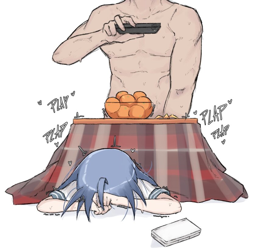 1boy 1girl blue_hair handheld_game_console highres implied_sex izumi_konata kotatsu lucky_star nintendo_ds nintendo_ds_lite plap recording sailor_collar sailor_shirt sex shirt stealth_sex table under_table zlix0n