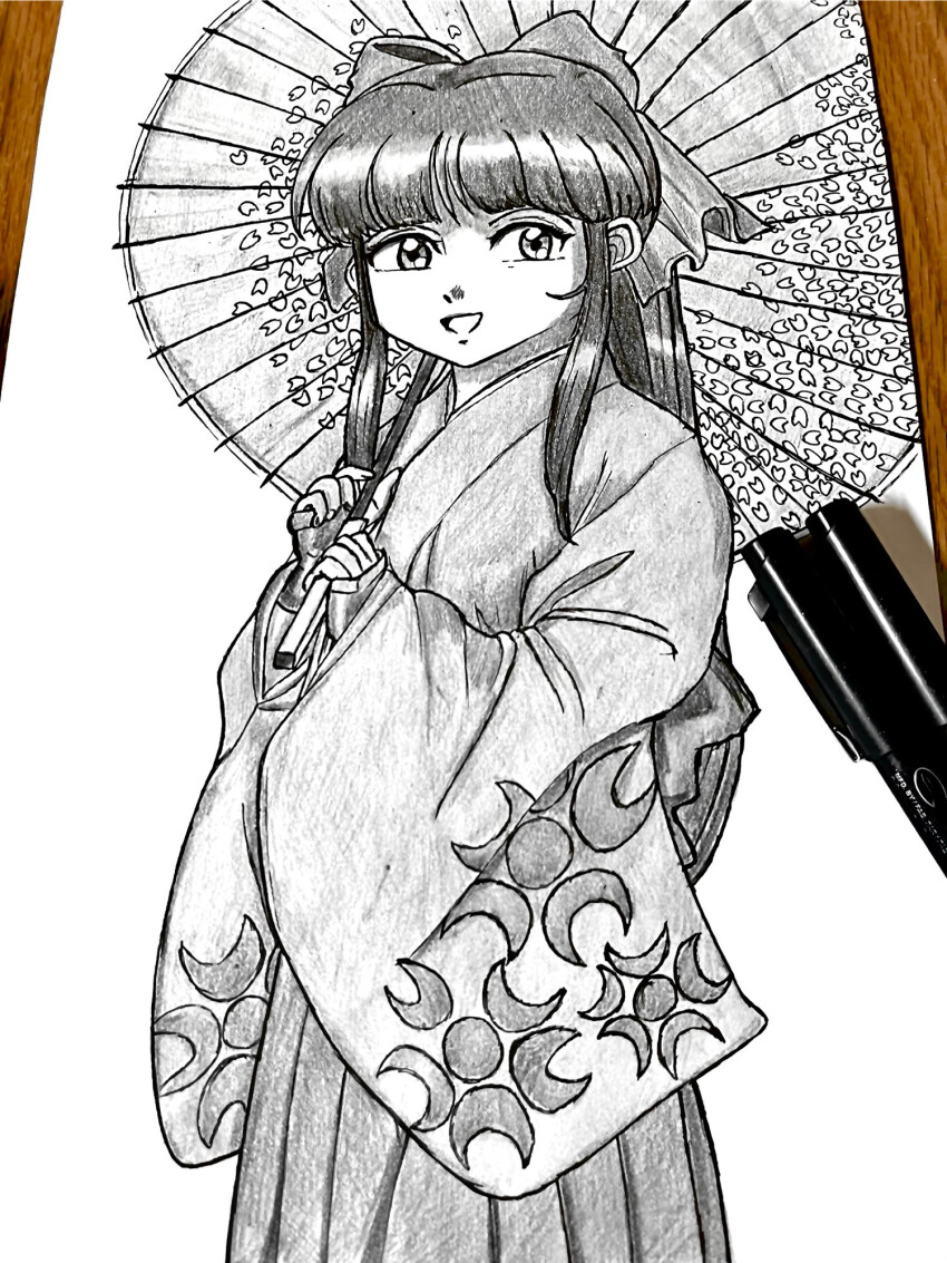 1girl black_hair breasts fingerless_gloves gloves hair_ribbon highres japanese_clothes long_hair long_skirt looking_at_viewer monochrome open_mouth ponytail ribbon sakura_taisen sega shinguuji_sakura sketch skirt small_breasts smile solo tongue traditional_media umbrella