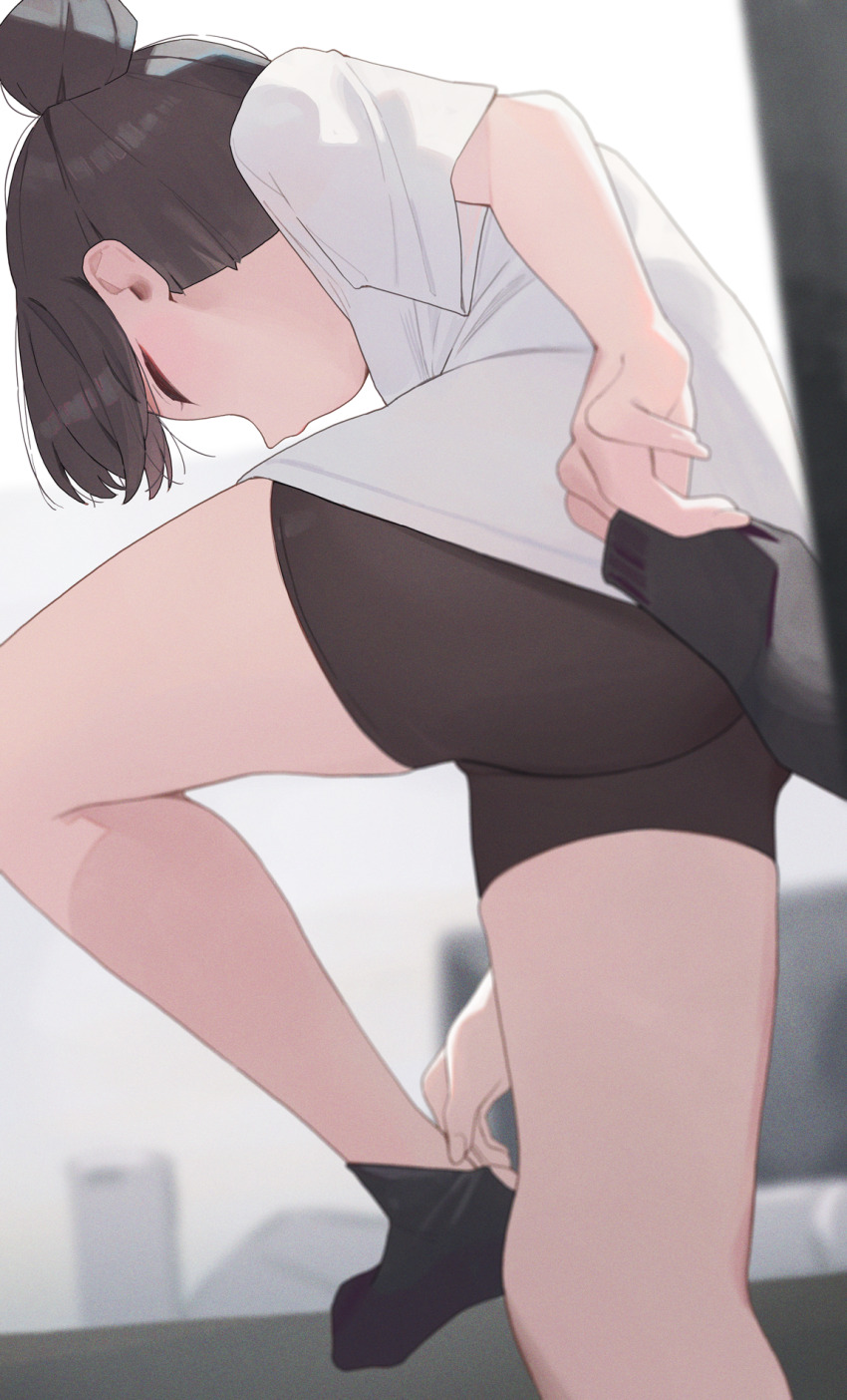 1boy 1girl bike_shorts black_hair black_socks closed_eyes commentary hair_bun highres hiroki_(yyqw7151) original shirt short_hair short_sleeves single_hair_bun socks standing standing_on_one_leg thighs undressing white_shirt