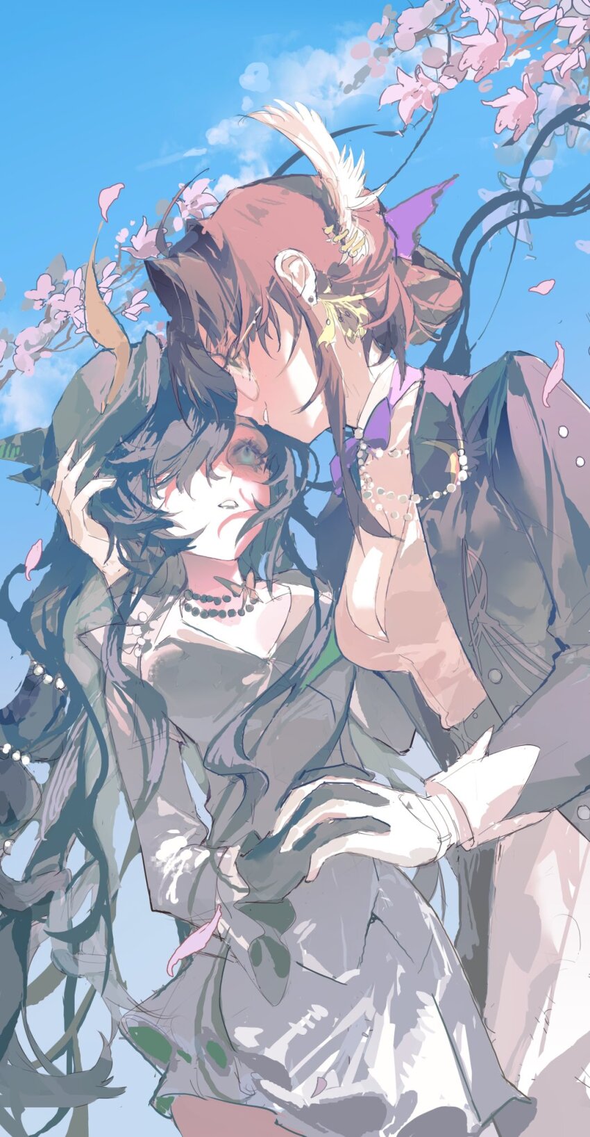 2girls black_gloves black_hair blue_sky brown_hair cherry_blossoms dabaijiang_memeda falling_petals glasses gloves hand_on_another's_head highres holding_hands isolde_(and_all_that_jazz)_(reverse:1999) isolde_(reverse:1999) kakania_(reverse:1999) kakania_(seminars_on_serenity)_(reverse:1999) long_hair medium_hair multiple_girls official_alternate_costume petals reverse:1999 sky tree white_gloves yuri