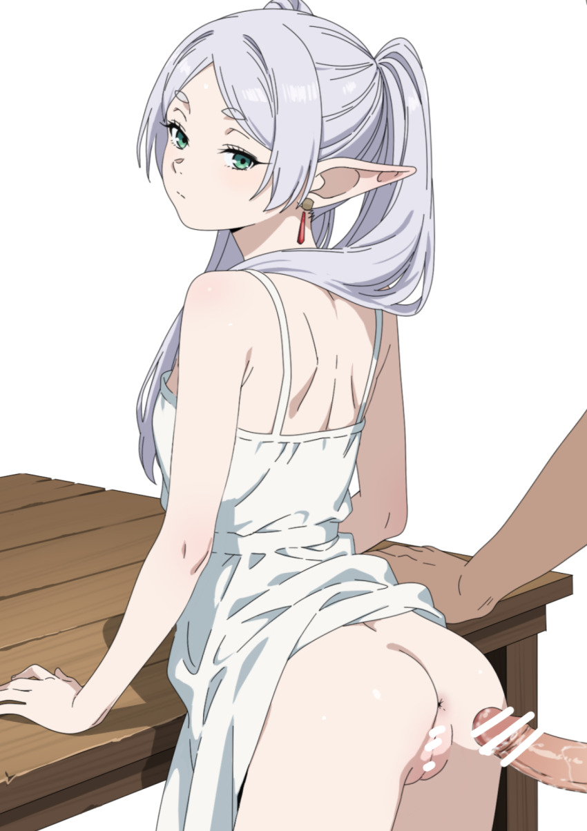 1boy 1girl akinoya anus ass back bar_censor breasts censored clothes_lift commentary dress dress_lift earrings elf frieren green_eyes hetero highres imminent_penetration imminent_vaginal jewelry long_hair paid_reward_available parted_bangs penis pointy_ears simple_background small_breasts solo_focus sousou_no_frieren spaghetti_strap table twintails white_background white_dress white_hair