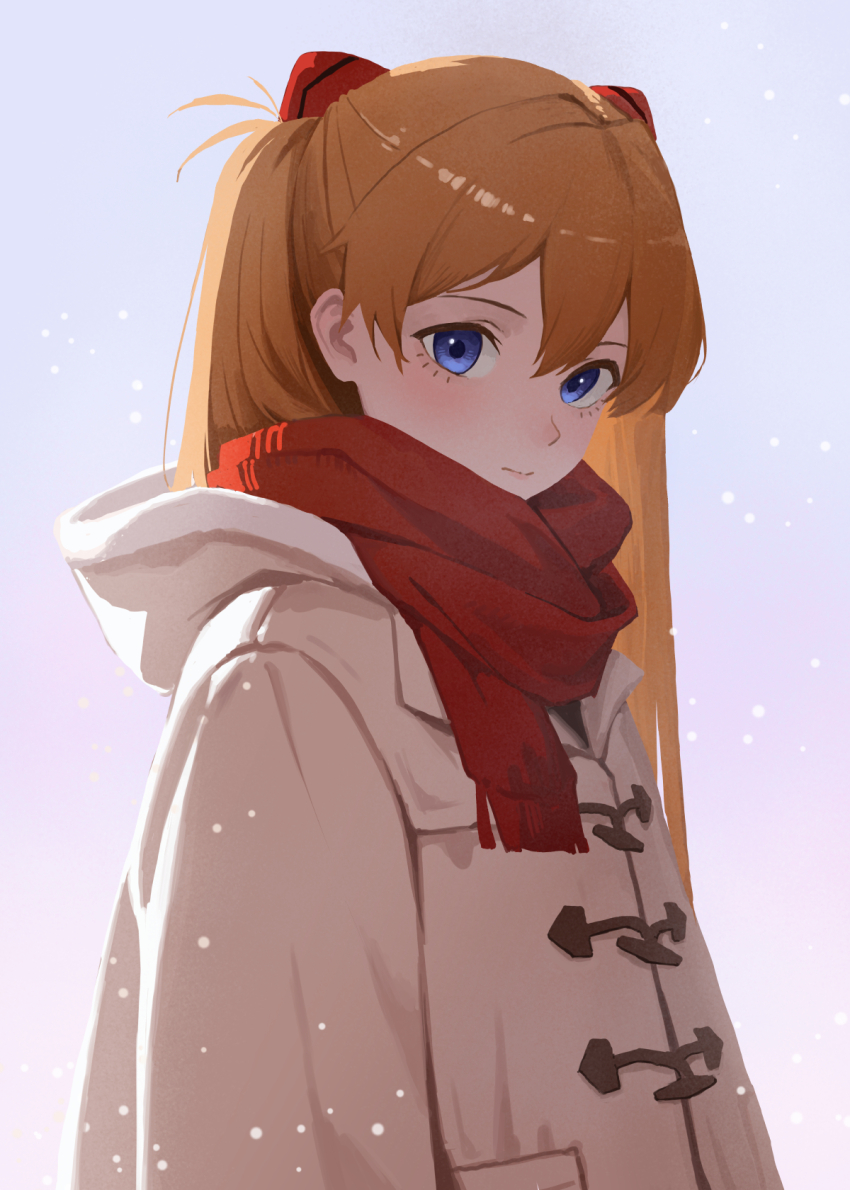 1girl blue_eyes brown_hair coat duffel_coat hair_between_eyes highres hood hooded_coat interface_headset_(evangelion) long_hair looking_at_viewer neon_genesis_evangelion red_scarf remon_popu scarf snow snowing souryuu_asuka_langley winter winter_clothes winter_coat