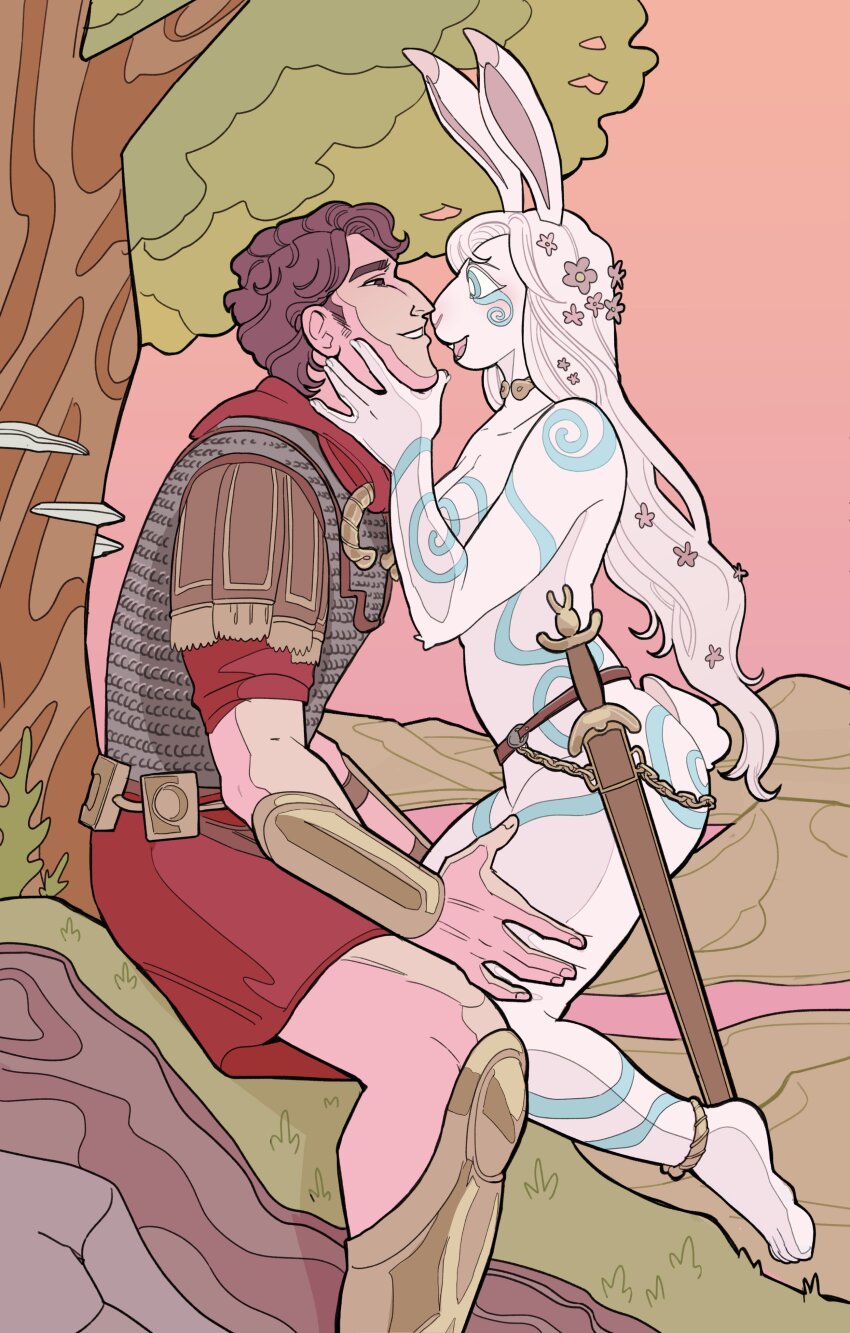 1boy 1girl absurdres animal_nose anklet arm_guards armor body_fur bodypaint chainmail clothed_male_nude_female commentary english_commentary flower furry furry_female greco-roman_clothes hair_flower hair_ornament highres jewelry long_hair nude original rabbit_girl red_tunic roman_armor roman_clothes scabbard sheath snout sword toffee_32 tree tunic weapon white_fur