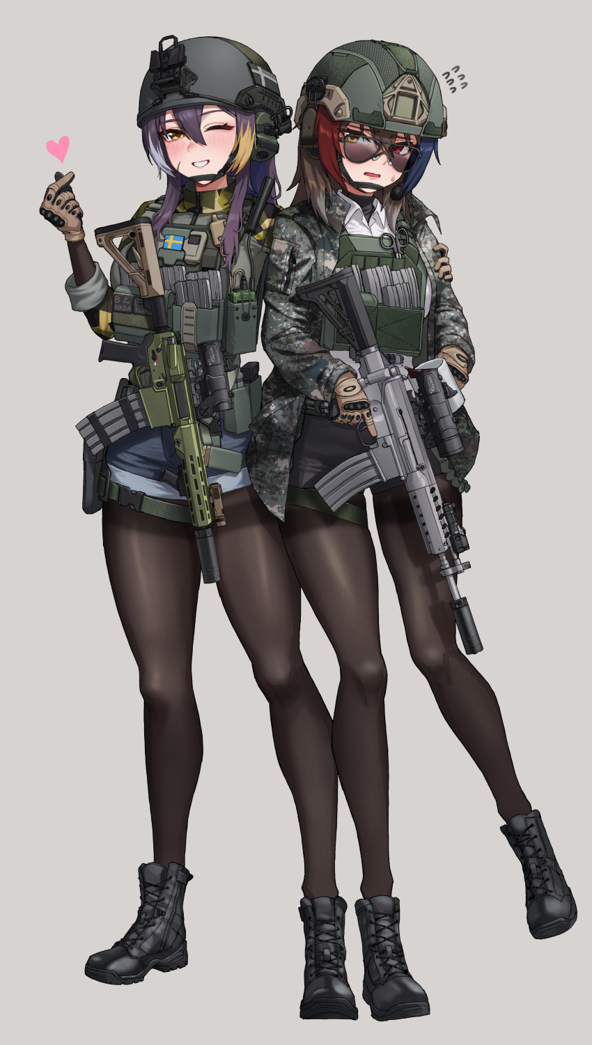 2girls absurdres alina_svard_kovalenko_(laotianaviator) ammunition_pouch annoyed assault_rifle aviator_sunglasses belt black_boots black_pantyhose black_shorts blonde_hair blue_hair blue_shorts blush boots brown_gloves brown_hair bt_(user_udwc7853) buckle camouflage camouflage_jacket collared_shirt colored_inner_hair colored_tips combat_boots combat_helmet commentary commission denim denim_shorts dress_shirt ear_protection english_commentary finger_heart flying_sweatdrops foregrip full_body gloves green_belt green_jacket grey_background grey_hair grin gun hair_between_eyes heart helmet heterochromia highres holding holding_gun holding_weapon holster jacket laser_sight load_bearing_vest looking_at_another looking_at_viewer magazine_(weapon) multicolored_hair multiple_girls one_eye_closed open_clothes open_jacket open_mouth optical_sight original pantyhose pouch purple_hair red_eyes red_hair rifle scissors seoyun_kovalenko_(laotianaviator) shirt short_shorts shorts side-by-side simple_background small_sweatdrop smile snap-fit_buckle standing sunglasses suppressor tactical_clothes thigh_belt thigh_strap thighband_pantyhose trigger_discipline walkie-talkie weapon weapon_request white_background white_shirt yellow_eyes