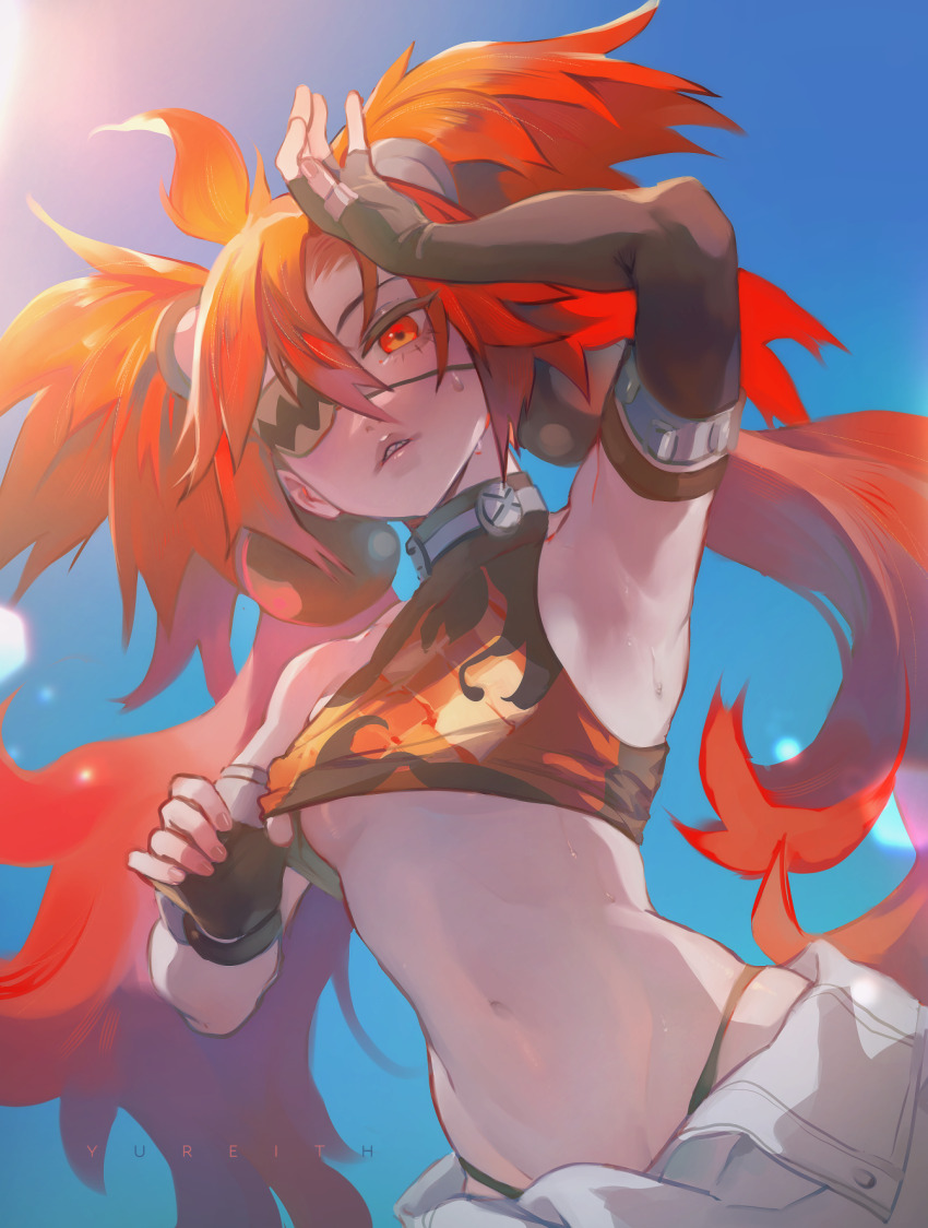 1girl ahoge animal_ears armpits bare_shoulders bear_ears black_gloves breasts commentary_request crop_top eyepatch fake_animal_ears fingerless_gloves gloves hair_between_eyes hair_ornament highres koleda_belobog long_hair looking_at_viewer midriff navel pants red_eyes red_hair solo sphere_hair_ornament twintails yureith zenless_zone_zero