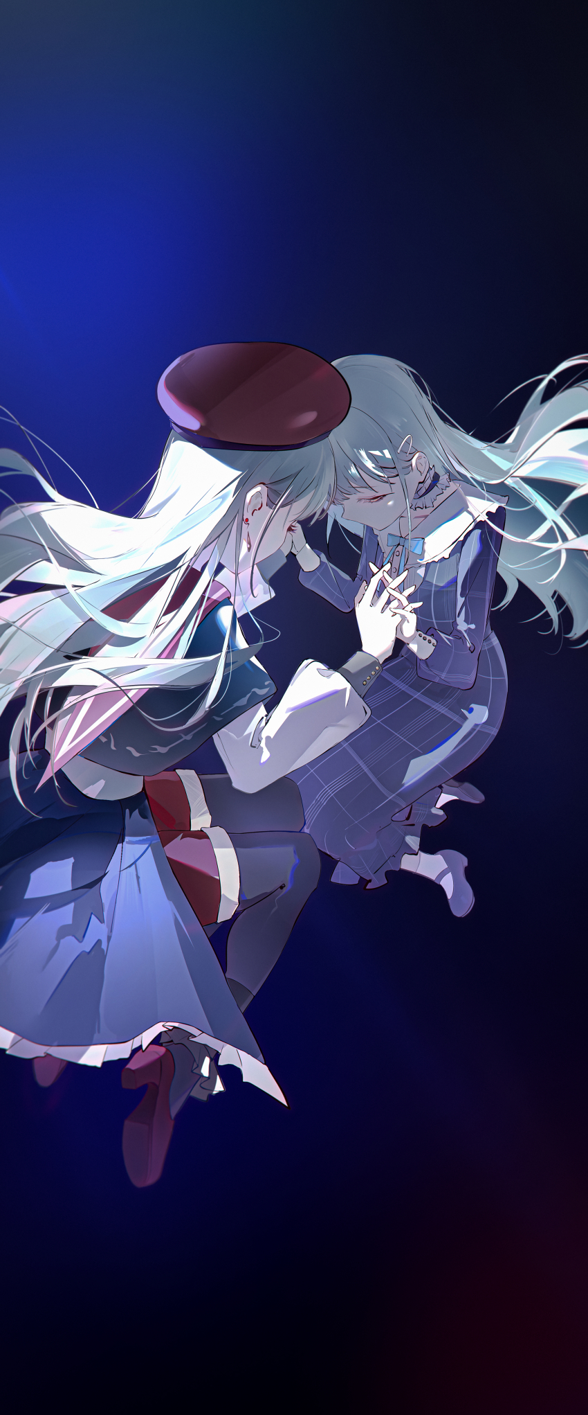 2girls absurdres bang_dream! bang_dream!_it's_mygo!!!!! beret black_capelet black_pantyhose black_skirt blue_choker blue_dress capelet choker commentary dress dual_persona earrings english_commentary frilled_choker frills green_hair hat highres interlocked_fingers jewelry long_hair long_sleeves luozhou_pile mortis_(bang_dream!) mortis_(costume)_(bang_dream!) mortis_(persona)_(bang_dream!) multiple_girls pantyhose pantyhose_under_shorts plaid_clothes plaid_dress red_hat red_shoes red_shorts shoes shorts shorts_under_skirt skirt wakaba_mutsumi