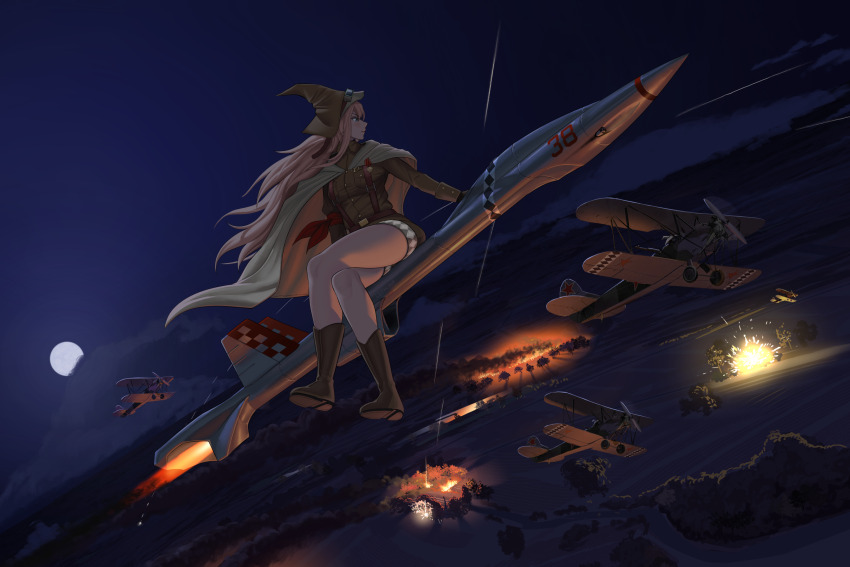 1girl aircraft airplane badge bashlik biplane blonde_hair blue_eyes blue_sky boots broom broom_riding brown_boots brown_hat brown_jacket brown_shorts cloud commentary crossed_legs english_commentary explosion full_body full_moon hat high_up highres jacket lilya_(reverse:1999) long_hair looking_to_the_side mechanical_broom moon night official_alternate_costume outdoors profile quiet_leitmotif reverse:1999 shorts sidesaddle sky solo suspender_shorts suspenders very_long_hair