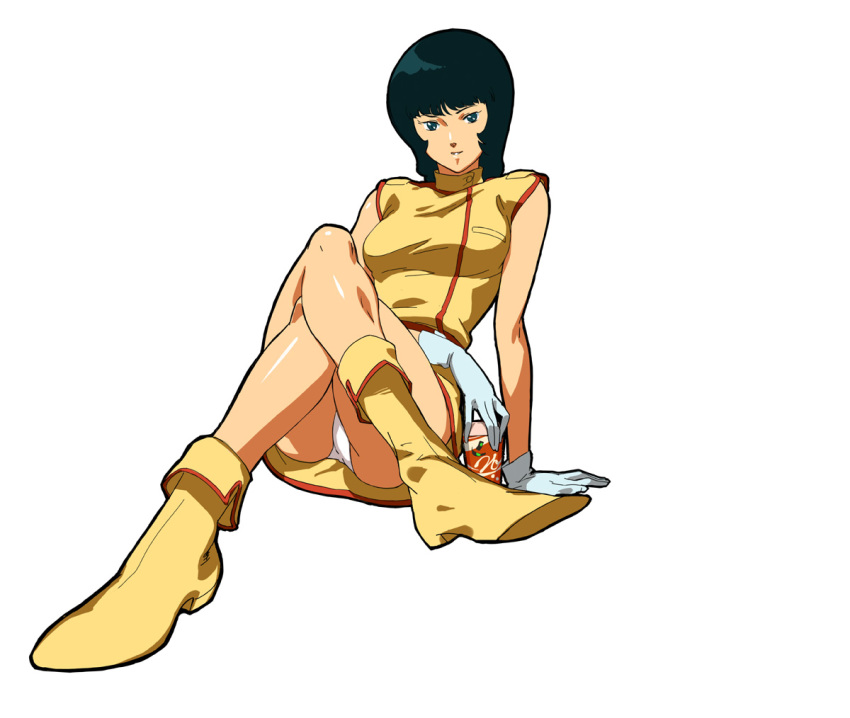 boots crossed_legs drink fa_yuiry gloves gundam legs opocom panties pantyshot simple_background sitting smile underwear upskirt volvox zeta_gundam
