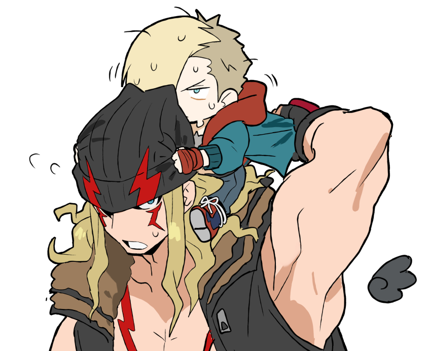 2boys alex_(street_fighter) arm_up beanie black_hat black_vest blonde_hair blue_eyes blue_jacket denim ed_(street_fighter) facial_mark hair_over_one_eye hat highres jacket jeans jewelry jitome long_hair male_focus multicolored_jacket multiple_boys muscular muscular_male necklace one_eye_covered pants red_jacket sach56000 shoes short_hair simple_background street_fighter street_fighter_6 sweat vest white_background zipper_pull_tab